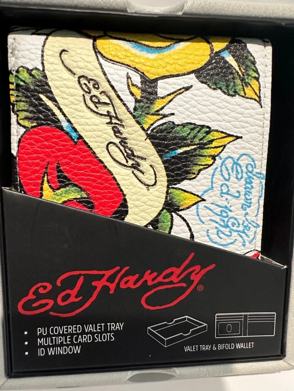 NWT Ed Hardy Men’s Bifold Wallet with Card, ID, Coin and Bill slots.
